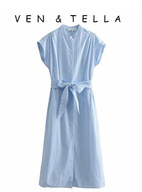VEN&TELLA春夏欧美风~立领收腰条纹短袖连衣裙中长裙