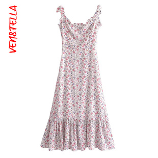 法式 VEN&TELLA秋冬欧美风 碎花系带吊带荷叶边v领连衣裙