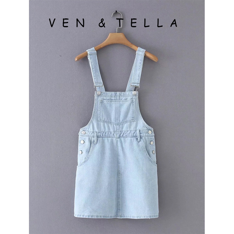 VEN&TELLA秋冬欧美~牛仔背心连衣裙少女减龄A字背带裙短裙迷你裙
