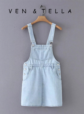 VEN&TELLA秋冬欧美~牛仔背心连衣裙少女减龄A字背带裙短裙迷你裙