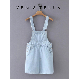 VEN&TELLA秋冬欧美 牛仔背心连衣裙少女减龄A字背带裙短裙迷你裙