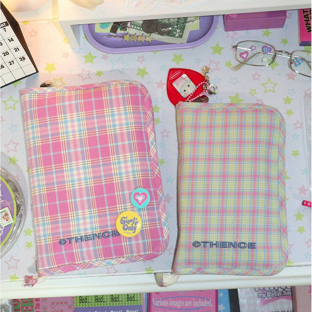 韩国thence可爱格子棉布A5活页封面皮日记套A6拉链收纳包封面套