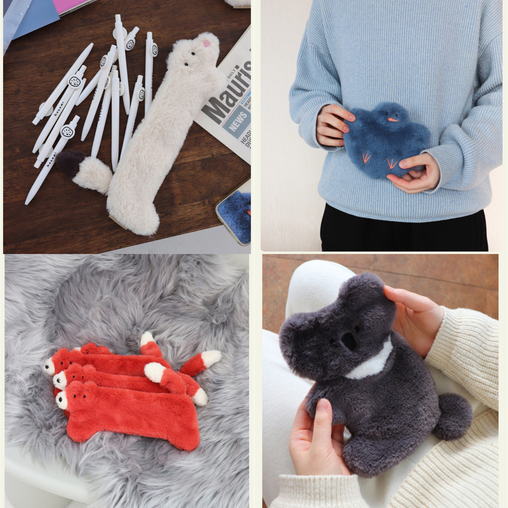 韩国hozumi可爱毛绒缆线细物化妆收纳袋笔袋雪貂红狐考拉化妆包包