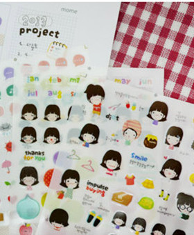 韩国进口 Latech 可爱女孩日记本伴侣透明底色贴纸 3张入15S-D704