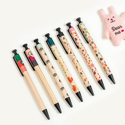 monopoly韩国文具小清新木质笔杆0.7黑色笔芯圆珠笔伸缩笔油性笔