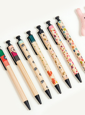 monopoly韩国文具小清新木质笔杆0.7黑色笔芯圆珠笔伸缩笔油性笔