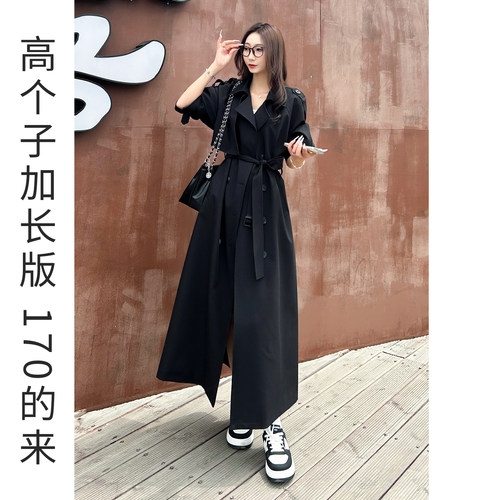 高个子加长黑色长款风衣气质休闲