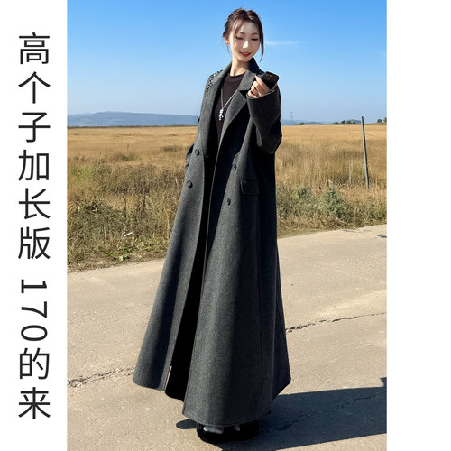 极简风长款双排扣毛呢大衣女