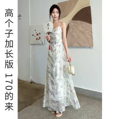 高个子加长新中式吊带连衣裙显瘦