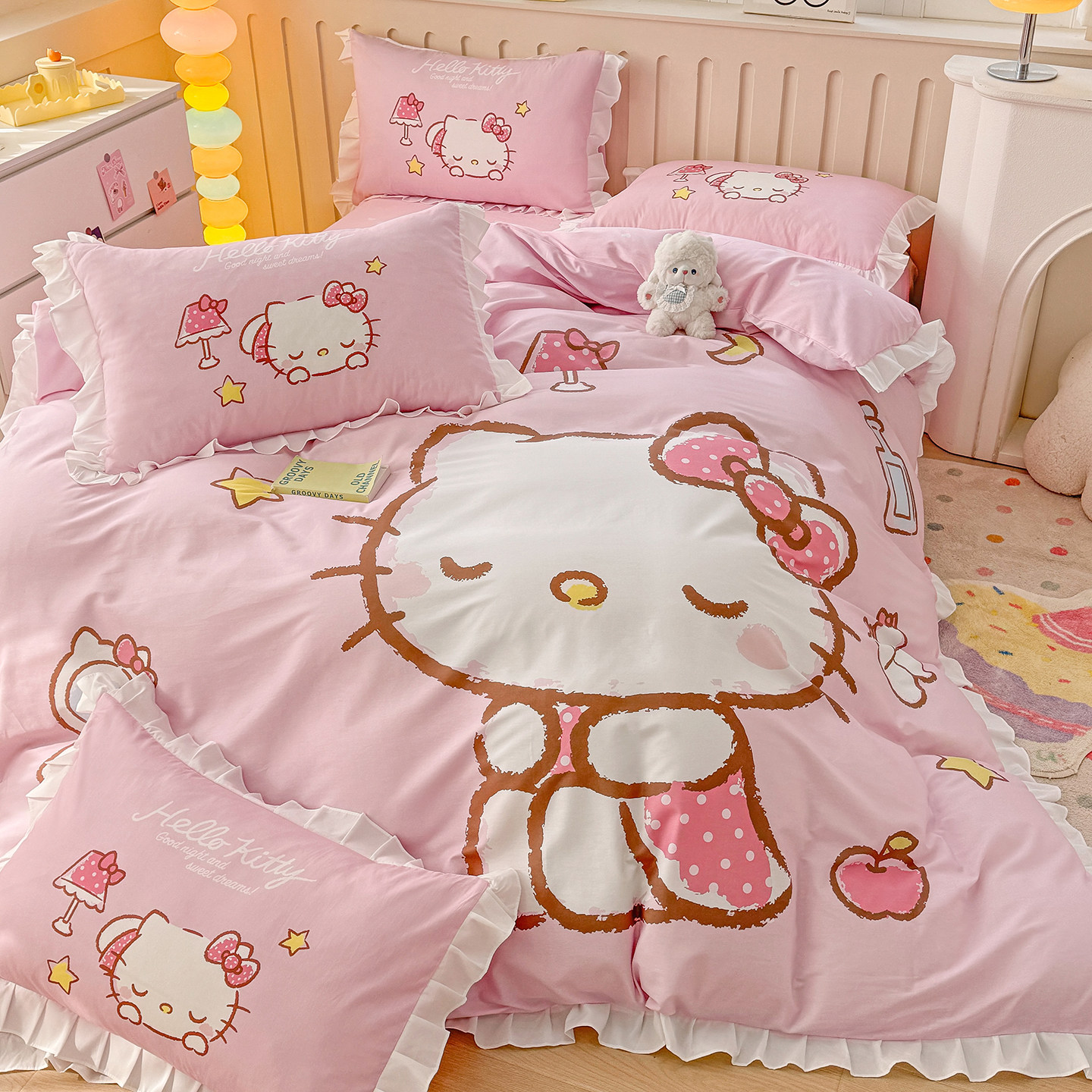 hellokitty全棉四件套纯棉凯蒂猫卡通床单被套花边可定制KT三件套