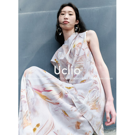 uclio[光影繁花]暮山紫 桑蚕丝手绘褶皱设计荡领两穿印花上衣衬衫