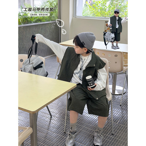 男童工装马甲短裤套装秋款两件套