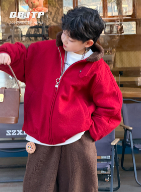 Q宝家童品1月新款 男童夹棉外套冬季儿童红色时尚过年上衣夹克潮