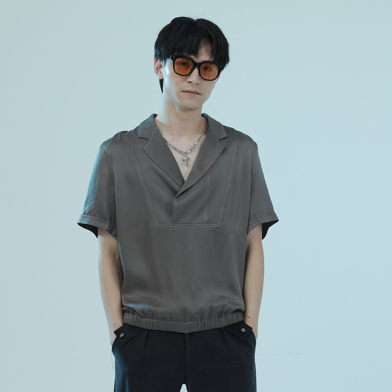 时着真丝修身短袖衬衫男士夏季套头绅士风百搭清凉超薄四分袖衬衣