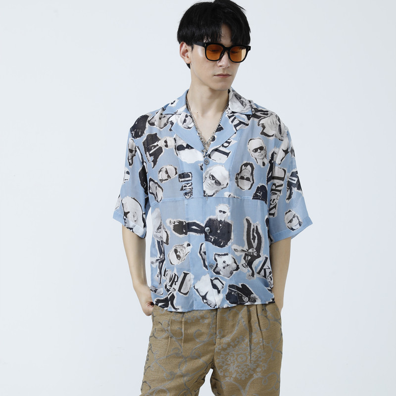 时着 超薄桑蚕丝短袖衬衫夏季男手工剪裁街头夏威夷修身方领衬衣