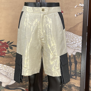 高街棉麻织金街头五分裤 时着原创编织男士 裤 工装 成衣定制 金丝短裤