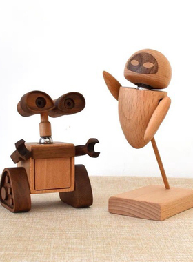 瓦力伊娃实木桌面摆件创意可爱原木装饰玩偶情侣新婚礼品节日礼物