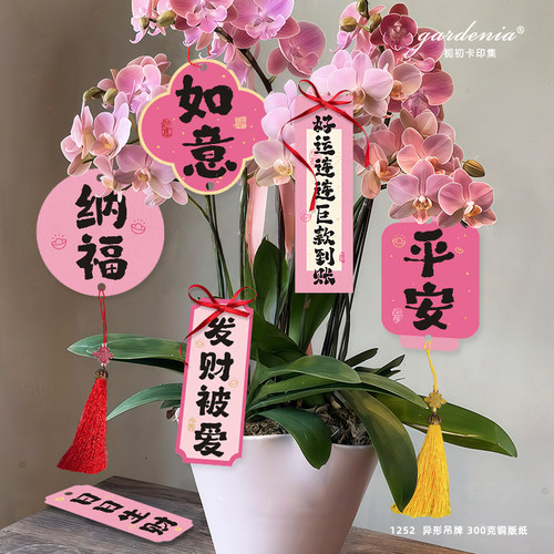 粉色发财祝福吊牌如意纳福吉祥文字吊卡新年蝴蝶兰大花蕙兰装饰