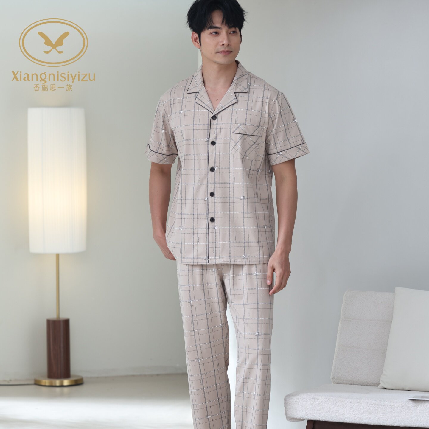 香旎思一族男夏季休闲格子家居服