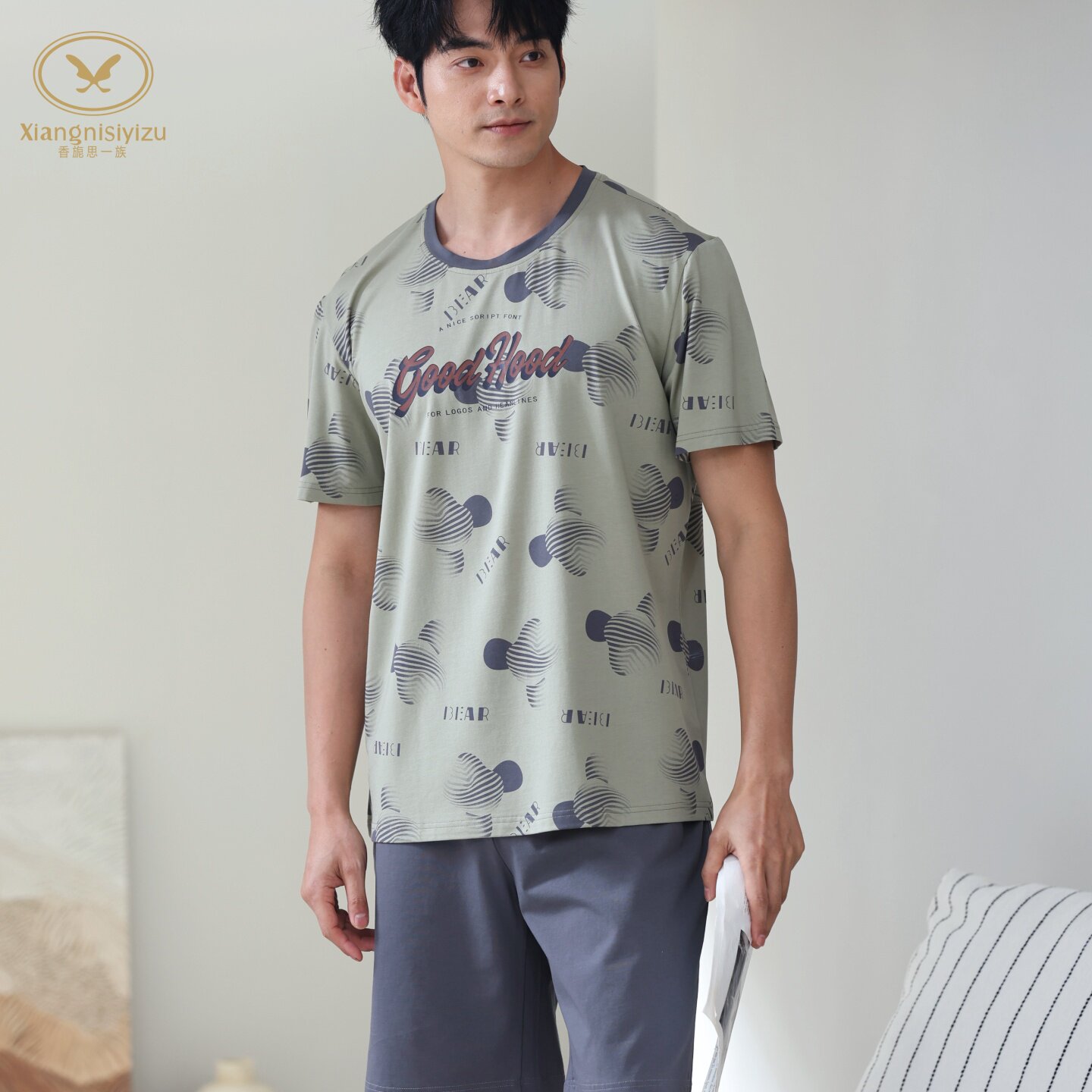 香旎思一族男夏圆领套头套装纯棉莫代尔短袖短裤在家穿休闲家居服