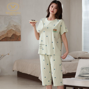 香旎思一族夏季 卡通家居服 纯棉拉架二件套舒适休闲甜美短袖 七分裤