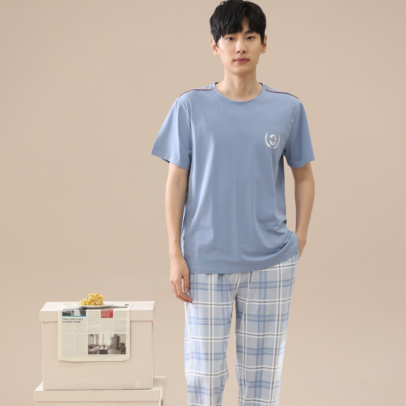 香旎思男纯棉短袖长裤家居服格子
