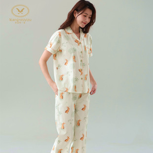 香旎思一族女士夏季 家居服 纯棉拉架二件开扣翻领舒适休闲短袖 长裤