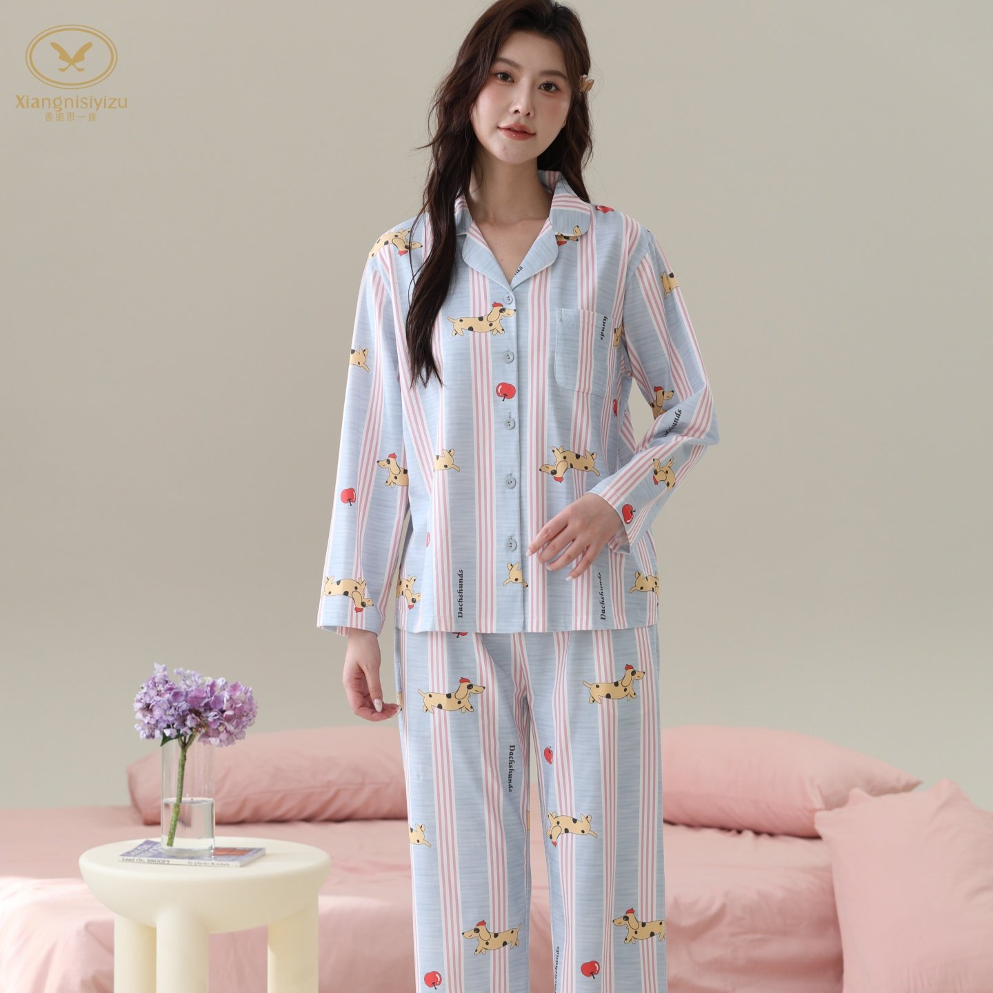 香旎思一族女士秋冬开扣翻领套装休闲卡通甜美舒适纯棉拉架家居服,女士内衣/男士内衣/家居服,睡衣/家居服套装,淘宝优惠券,粉丝福利购,淘宝优惠卷