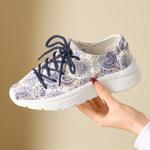 Tt&Mm/汤姆斯女鞋印花帆布鞋2026夏季厚底系带休闲百搭轻便旅游鞋