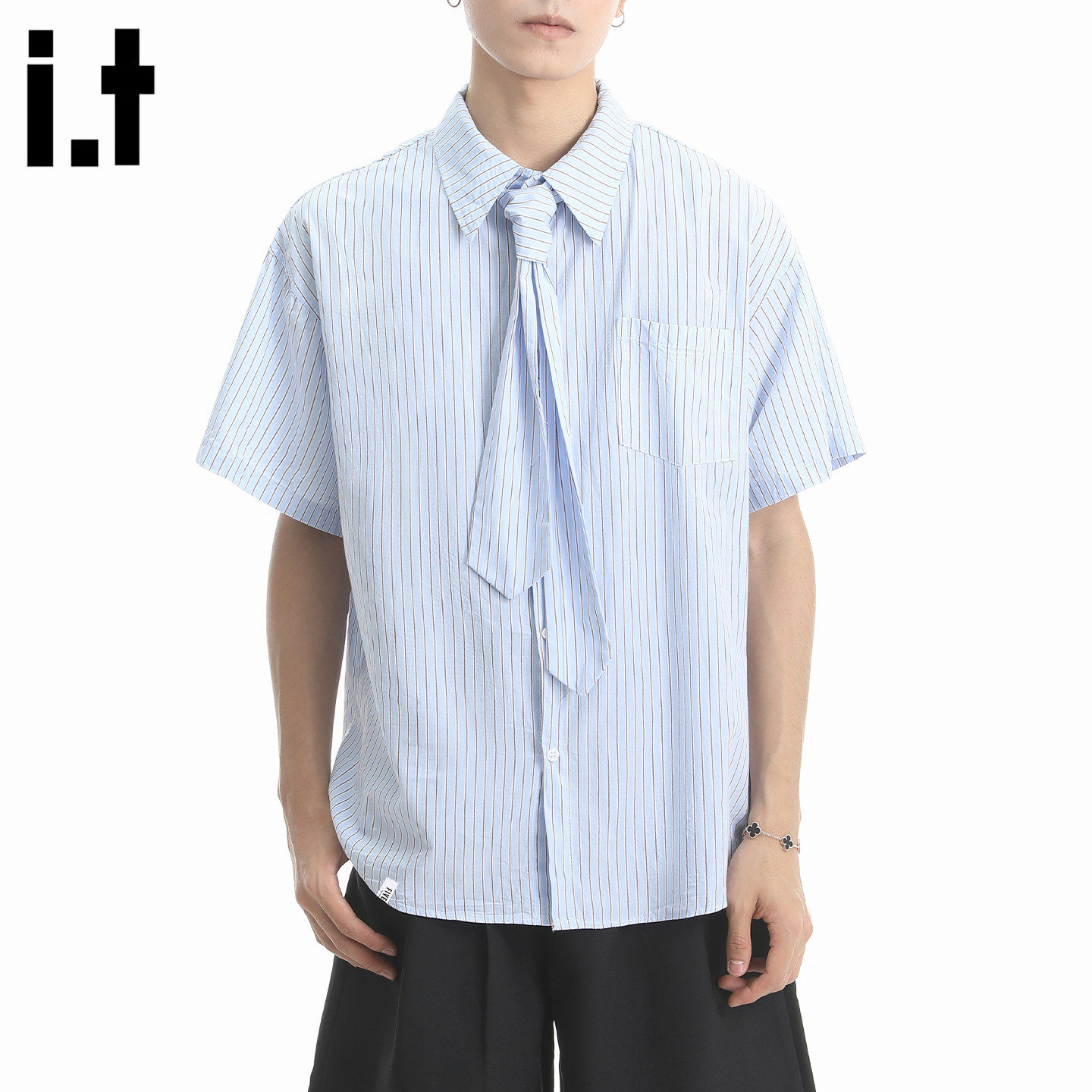 官方正品Mrakeai Kyyds MK浅蓝领带条纹短袖衬衫男款2025夏季潮流,男装,衬衫,淘宝优惠券,粉丝福利购,淘宝优惠卷