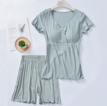 短袖短裤套装女夏季薄款家居服带胸垫外出穿交叉睡衣孕妇产后