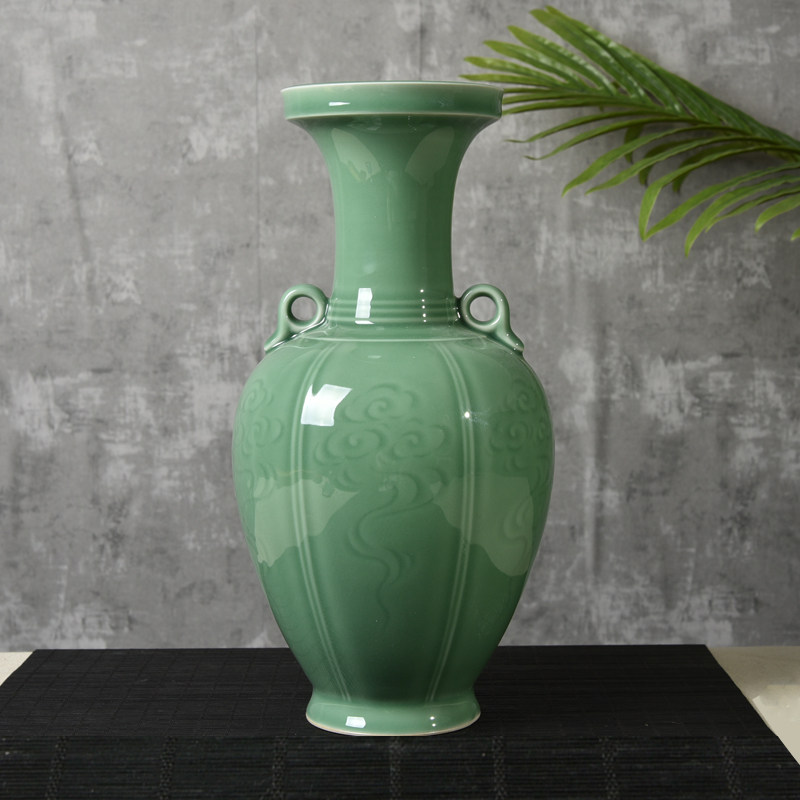 LONGQUAN 청자 수제 세라믹 장식품 대형 이중 귀 꽃병 거실 입구 사무실 병 공예 선물