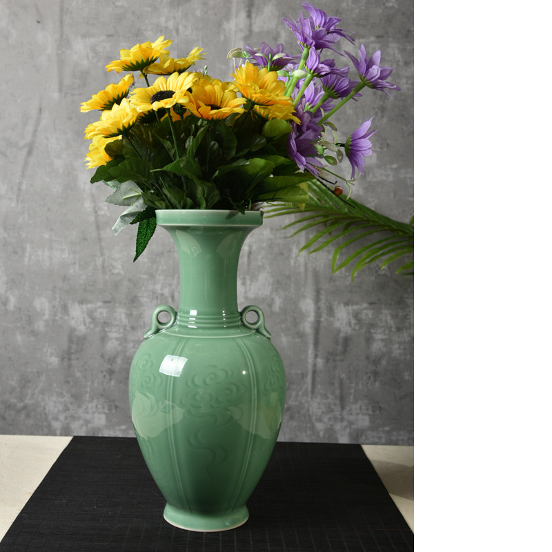 LONGQUAN 청자 수제 세라믹 장식품 대형 이중 귀 꽃병 거실 입구 사무실 병 공예 선물