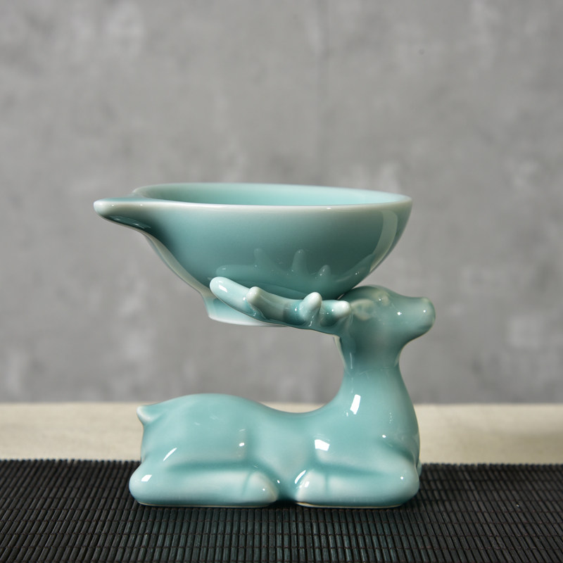 龙泉青瓷可爱小鹿茶滤茶漏两件套功夫茶具零配件陶瓷小动物摆件