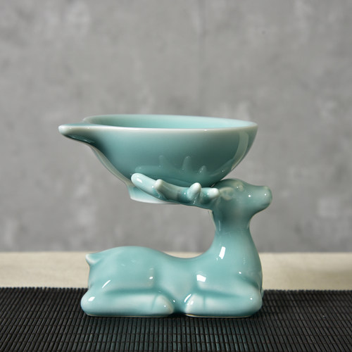 龙泉青瓷可爱小鹿茶滤茶漏两件套功夫茶具零配件陶瓷小动物摆件