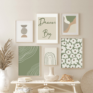 简约北欧原木风绿色系抽象几何莫兰迪艺术民宿样板间装饰画画芯