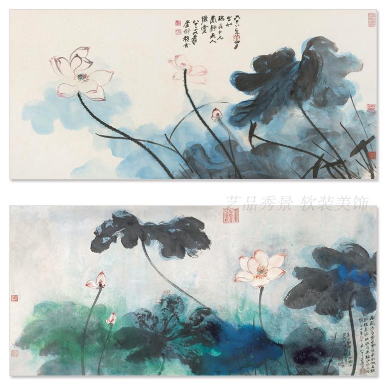 新中式现代张大千国画横款水彩水墨荷叶荷花装饰画画