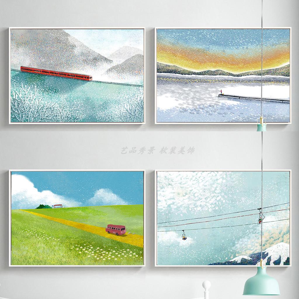 北欧现代雪国列车风景火车雪景装饰画布画芯客厅餐厅挂画无框画心