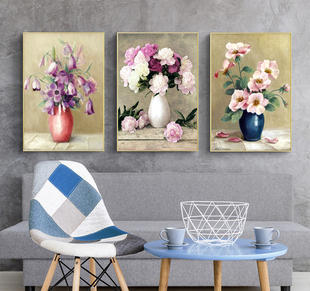 欧美式手绘花卉花瓶静物画芯画布画心高清微喷12色打印艺品秀景