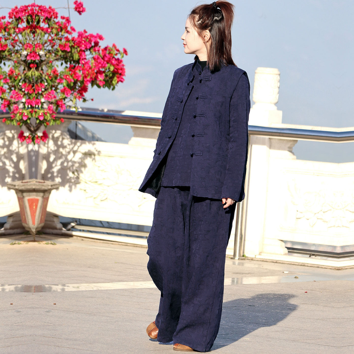 【苇素禅服】中式禅意风女装深蓝色盘扣套装棉麻高级感修行太极服