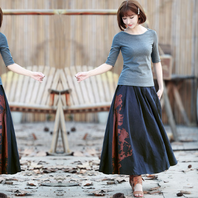 苇素早春棉麻半身裙纯棉上衣