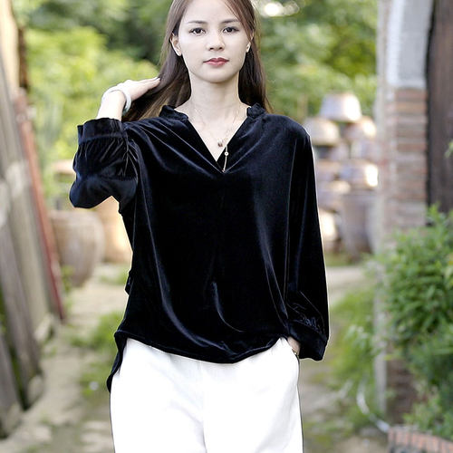 苇素宽松文艺九分袖金丝绒衬衫