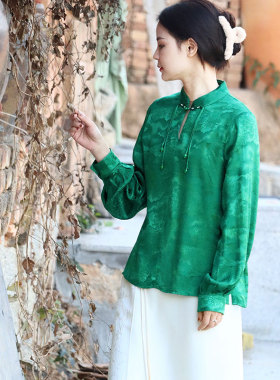 中式女装中国风绿色上衣高级感新国风长袖衬衫年轻款禅意茶服唐装