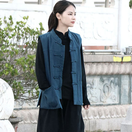 中式女装中国风秋冬女士马甲外套盘扣棉麻加绒复古中长款加厚马夹