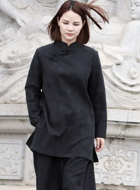 【苇素禅服】中国风禅意棉麻斜襟盘扣上衣女秋冬禅服佛系长袖黑色