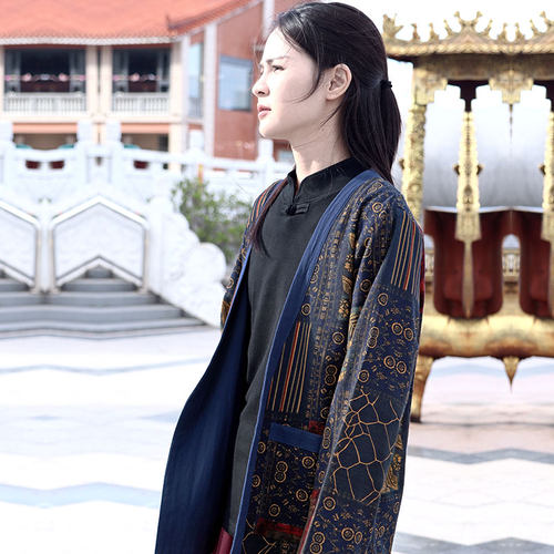 苇素印花棉麻中式开衫短外套