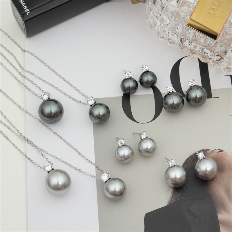 【清冷经典戴妃】人造大溪地拉贡黑珍珠/奶灰铂金灰 耳钉项链