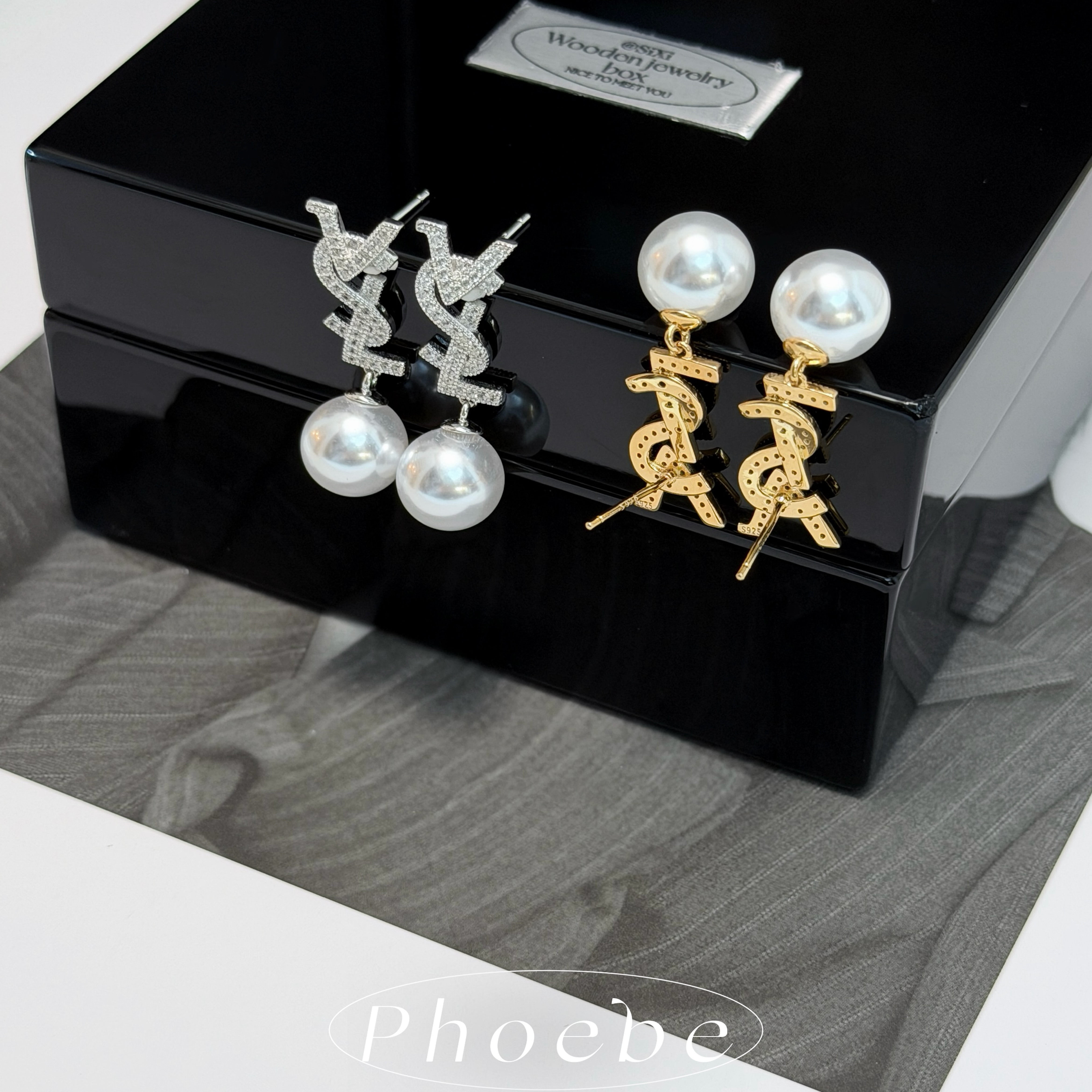 时髦法式嵌钻澳白珍珠耳环