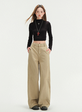 弄格卡其色牛仔裤女春季2025新款美式工装裤子设计感宽松阔腿裤