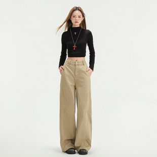 弄格卡其色牛仔裤女春季2025新款美式工装裤子设计感宽松阔腿裤